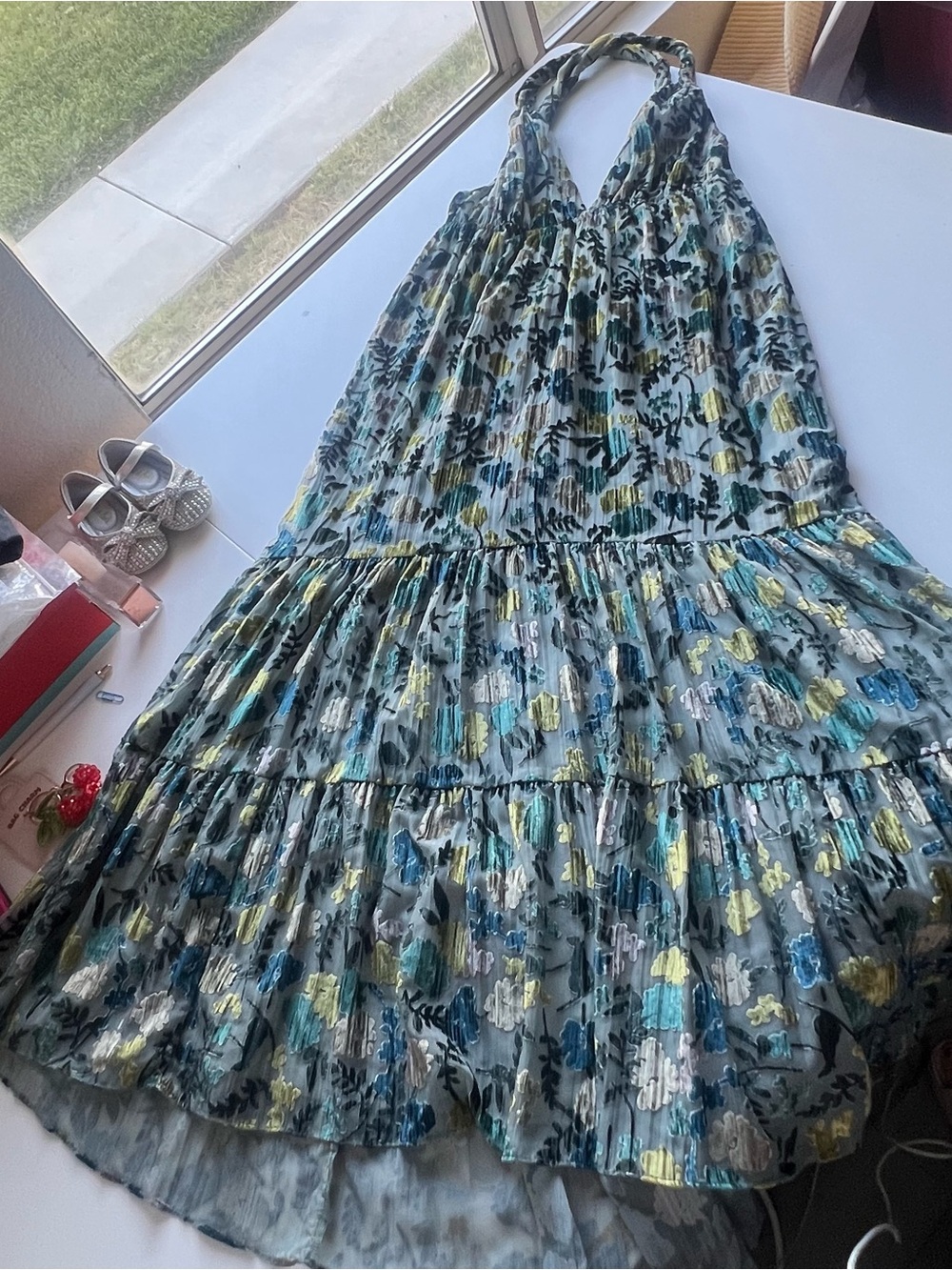 Anthropologie Burnout Velvet Midi Dress Floral Tiered Cross-Back Blue Small NWT - Picture 8 of 14